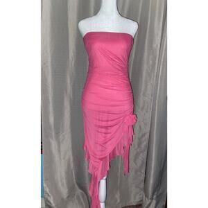Hot Pink Strapless Ruched Bodycon Dress | Side Tie Dress Size Large